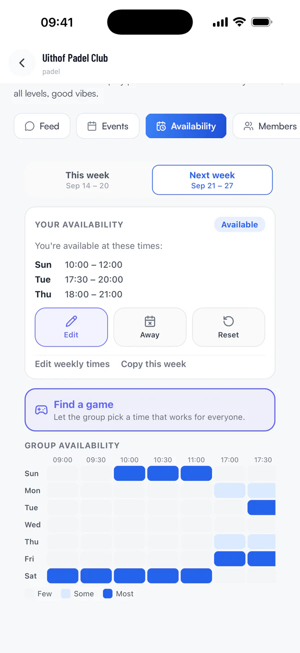Group availability heatmap showing when members are free this week