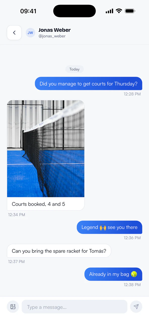 Direct message thread with a photo of a padel court