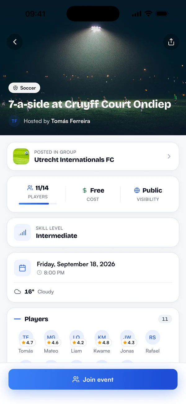 PlayPals event page for a 7-a-side soccer game with players, skill level and a Join button