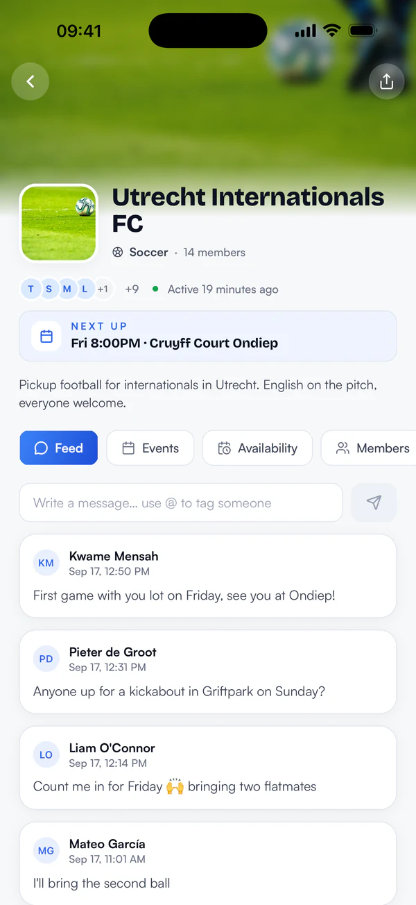 Group page with the next game, a post composer and the member feed