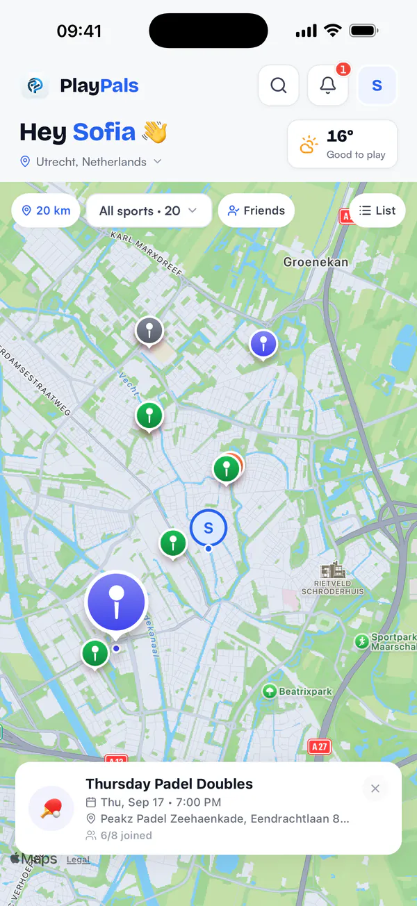 PlayPals map of Utrecht with pickup games pinned around the city